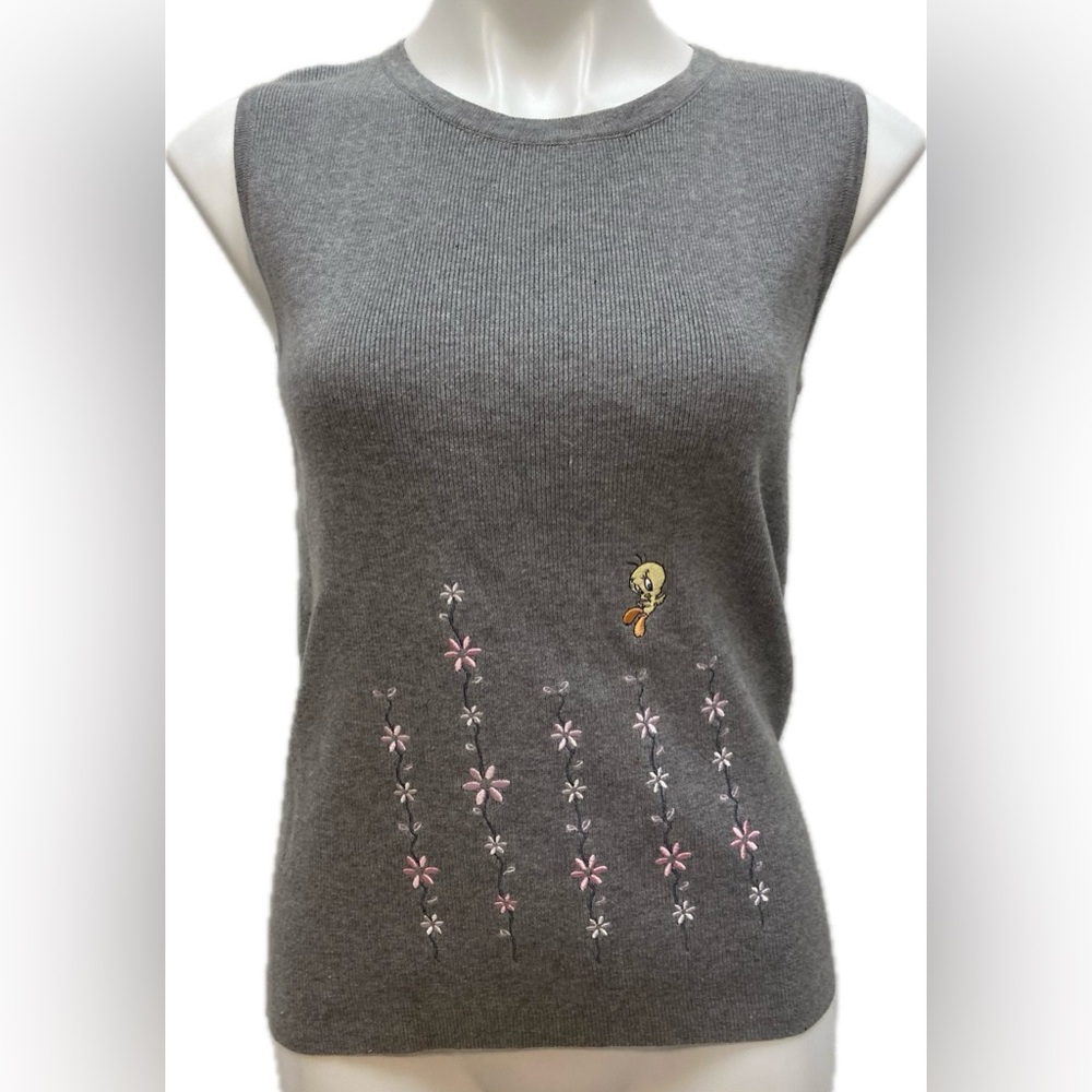 VINTAGE WARNER BROS TWEETY BIRD LOONEY TUNES EMBROIDERED COTTON SLEEVELESS TOP